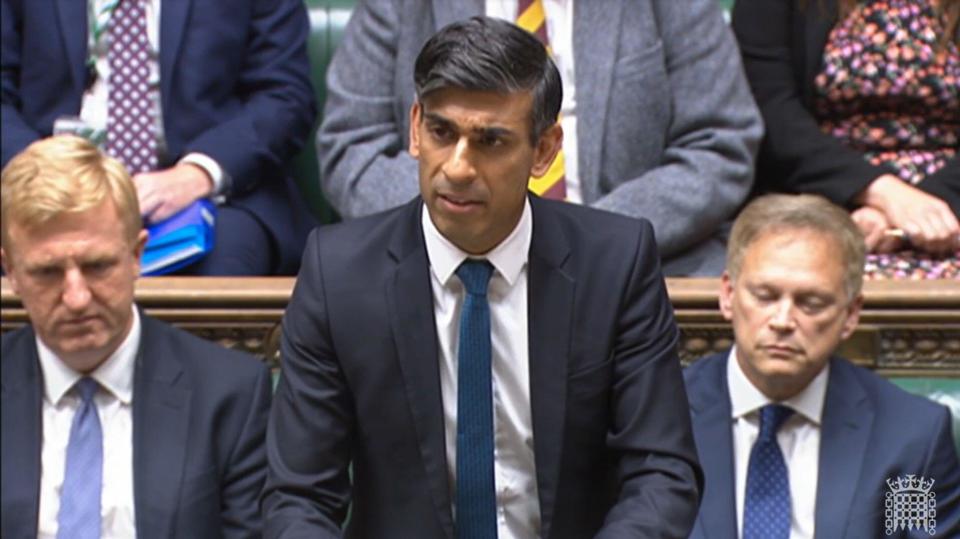 Handout screengrab taken from Parliament TV of Prime Minister Rishi Sunak speaking in the House of Commons, London, about Hamas's attacks on Israel. Picture date: Monday October 16, 2023.