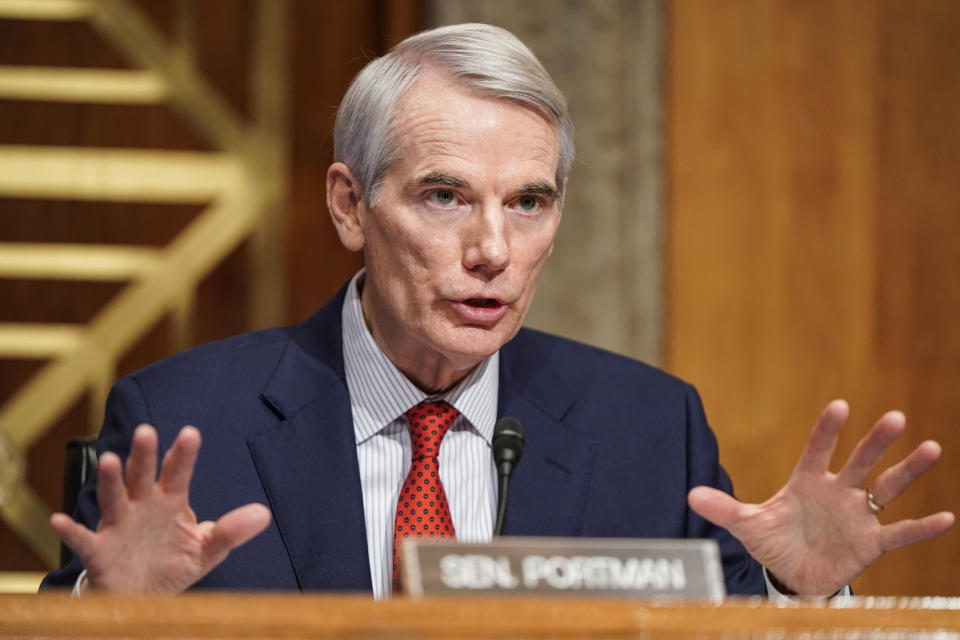 Sen. Rob Portman, R-Ohio, questions Homeland Security Secretary nominee Alejandro Mayorkas during his confirmation hearing in the Senate Homeland Security and Governmental Affairs Committee on Tuesday, Jan. 19, 2021, on Capitol Hill in Washington. (Joshua Roberts/Pool via AP)