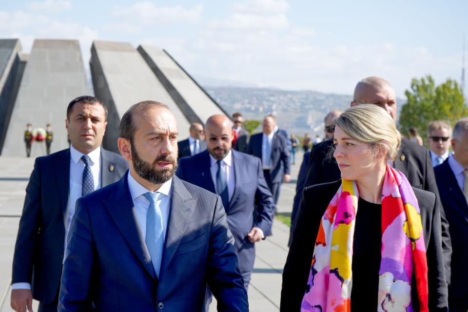 Canadian Foreign Affairs Minister Mélanie Joly and her Armenian counterpart, Ararat Mirzoyan, at the Tsitsernakaberd Armenian Genocide Memorial Complex in Yerevan, Armenia.  