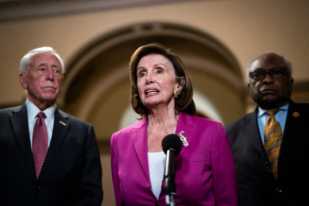 House Speaker Nancy Pelosi (D-Calif.) is pictured here with Majority Leader Steny Hoyer (D-Md.) and Whip Jim Clyburn (D-S.C.) at a 2021 press conference. The average age of the top three Democratic House leaders is 82. (Photo: The Washington Post via Getty Images)