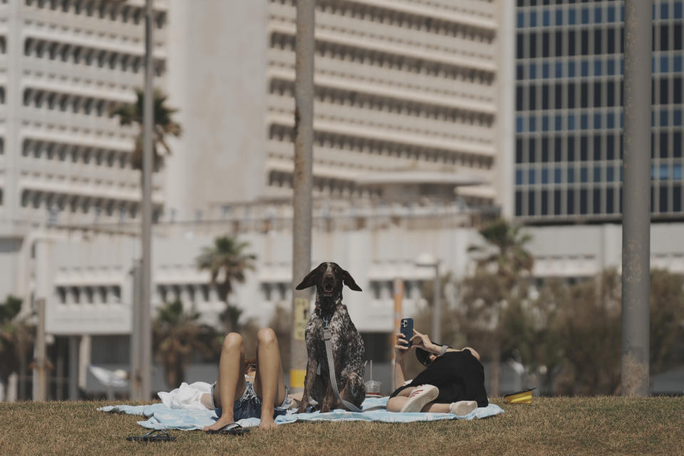 People lie on the grass with their dog during Israel's Independence Day celebrations at a park in Tel Aviv, Tuesday, May 14, 2024. Israelis are marking 76 years since Israel's creation. (AP Photo/Ohad Zwigenberg).
