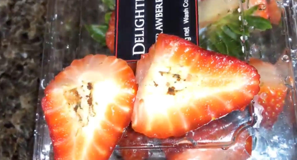 Strawberries shown with maggots and eggs after Coles customer purchased berries from store south west of Sydney.