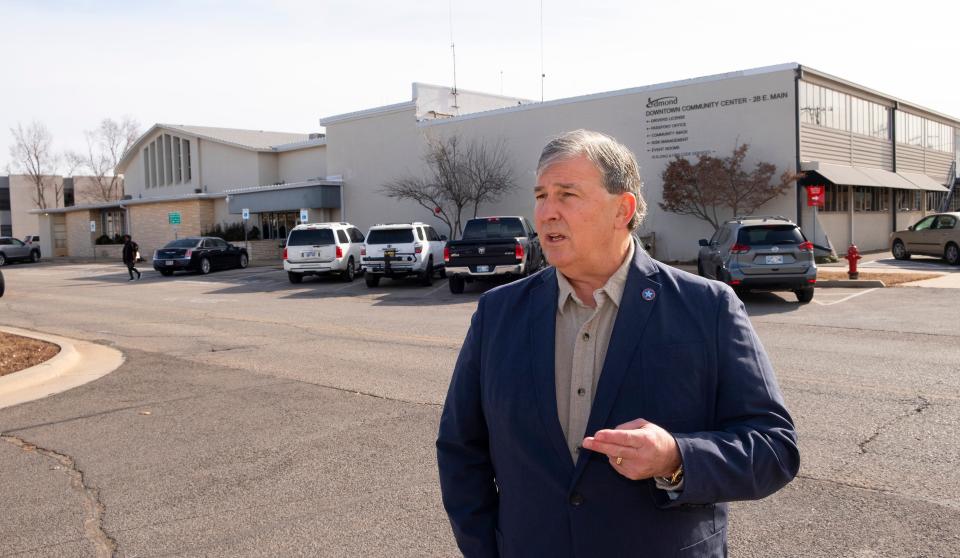 David Chapman is shown in this 2022 photo discussing downtown Edmond redevelopment.