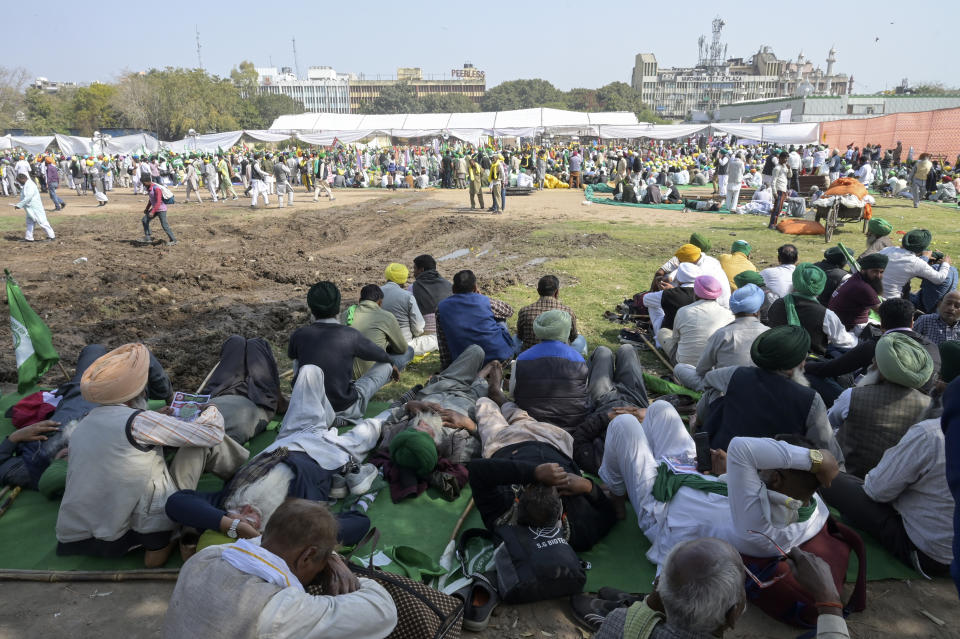 Indian farmers who have been protesting to demand guaranteed crop prices gather at Ramlila ground in New Delhi, India, Thursday, March 14, 2024. (AP Photo)