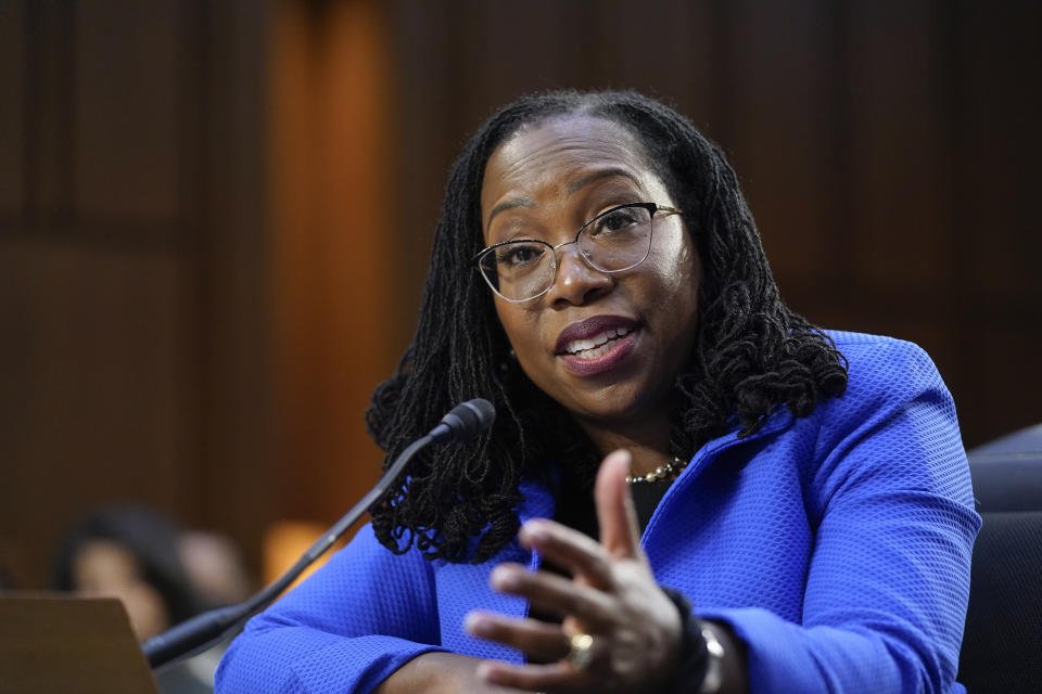 FILE - Supreme Court nominee Ketanji Brown Jackson testifies during her Senate Judiciary Committee confirmation hearing on Capitol Hill in Washington, March 23, 2022. (AP Photo/Alex Brandon, File)