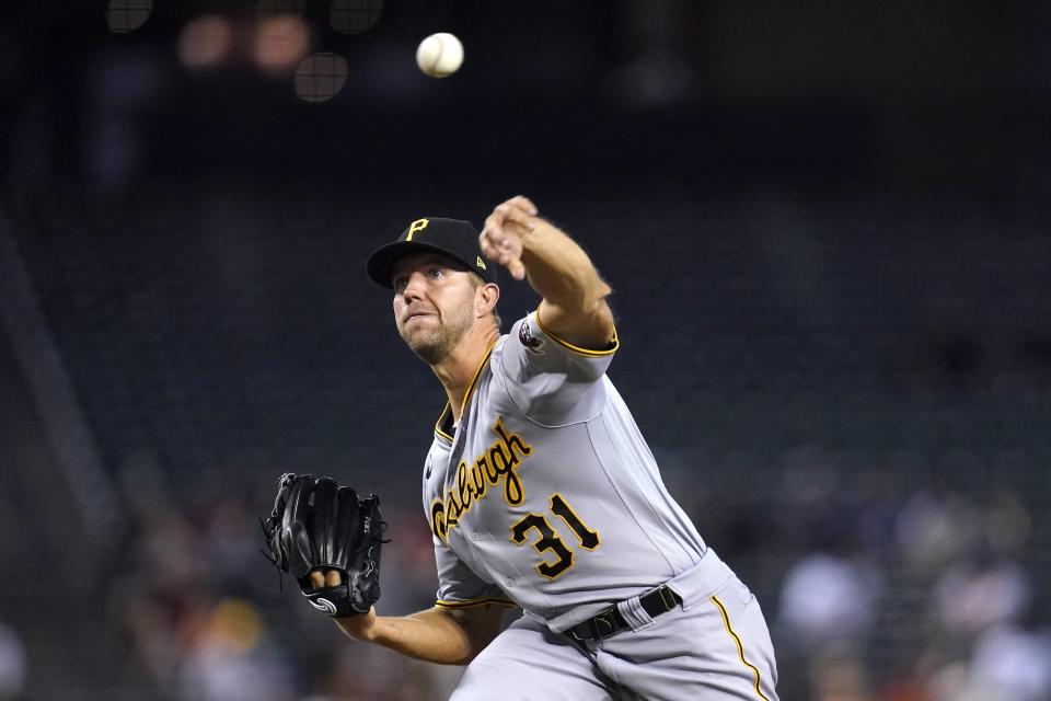 Pittsburgh Pirates starting pitcher Tyler Anderson throws to an Arizona Diamondbacks batter during the first inning of a baseball game Tuesday, July 20, 2021, in Phoenix. (AP Photo/Ross D. Franklin)