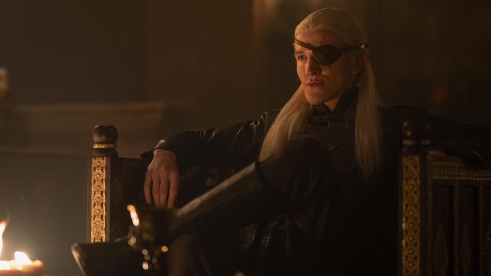 Ewan Mitchell as Aemond Targaryen in House of the Dragon season 2.