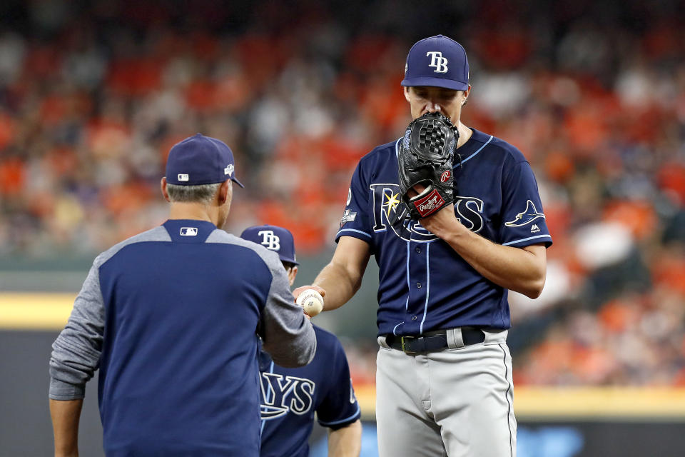 Was Rays Game 5 starter Tyler Glasnow tipping his pitches against the Astros? (Photo by Tim Warner/Getty Images)