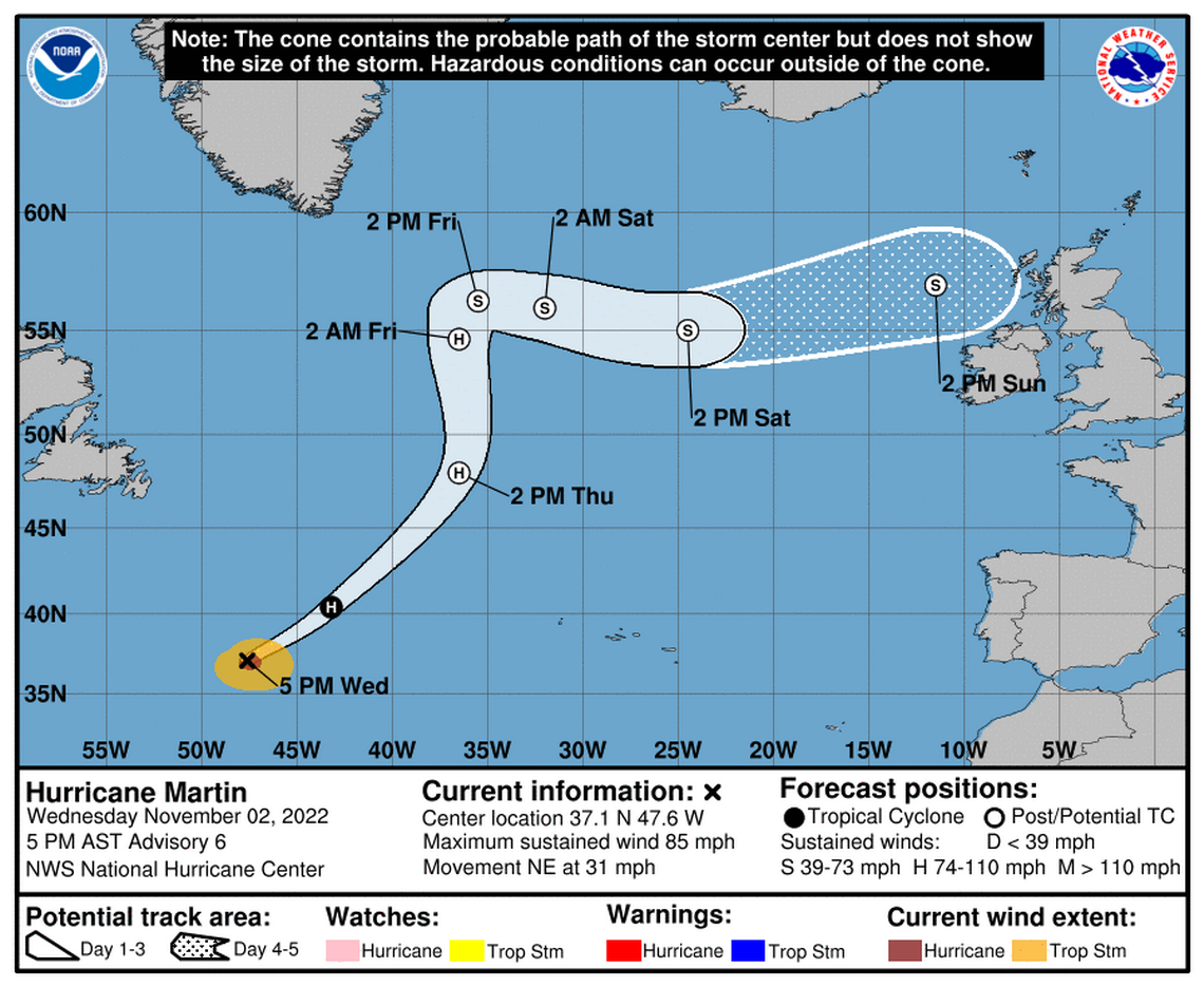 Hurricane Martin’s track from Wednesday, Nov. 2, 2022, into the weekend, according to National Hurricane Center.
