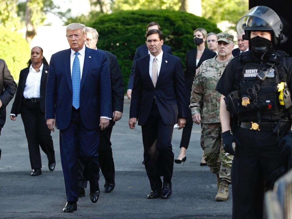 President Donald Trump departs the White House to visit outside St. John's Church, Monday, June 1, 2020, in Washington.