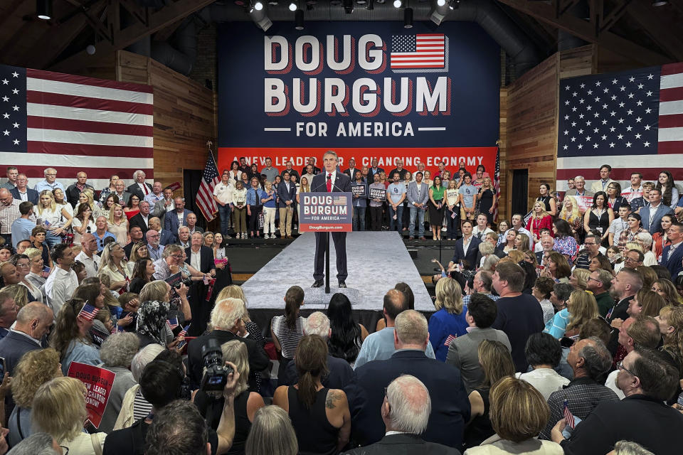 North Dakota Gov. Doug Burgum speaks as he kicks off his campaign for the 2024 Republican presidential nomination, Wednesday, June 7, 2023 in Fargo, N.D. Burgum, 66, joins a long list of contenders hoping to dent former President Donald Trump’s early lead in the race. The governor of the nation's fourth-least populous state announced his candidacy in The Wall Street Journal. (AP Photo/Mark Vancleave)