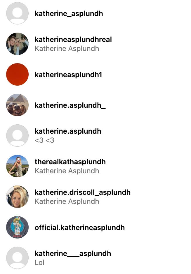 Multiple Instagram accounts with different variations of Katherine Asplundh appeared before the influencer’s account was deleted. Instagram