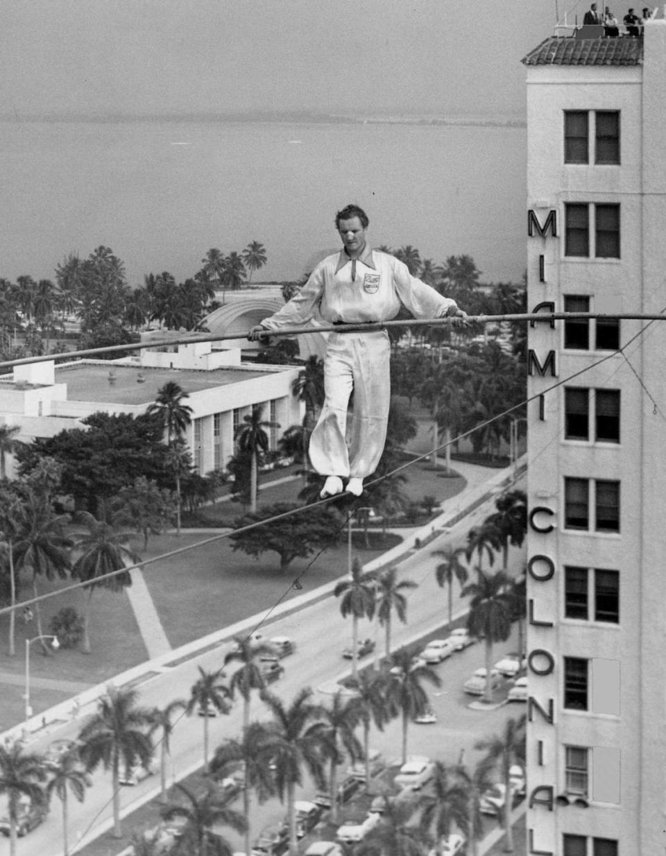 High-wire walked Heinrich Krause balances between Colonial and Everglades hotels in 1954. Miami Herald File