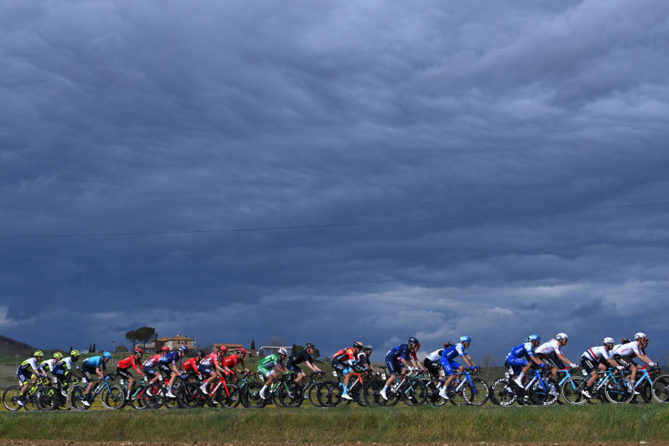 FOLIGNO ITALY  MARCH 08 Mark Cavendish of United Kingdom and Astana Qazaqstan Team and a general view of the peloton competing during the 58th TirrenoAdriatico 2023 Stage 3 a 216km stage from Follonica to Foligno 231m  UCIWT  TirrenoAdriatico  on March 08 2023 in Foligno Italy Photo by Tim de WaeleGetty Images