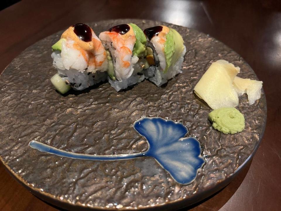 The Carolina maki at Hestia ($15) with Ebi shrimp, avocado, cucumber, sweet potato, spicy mayo and eel sauce.