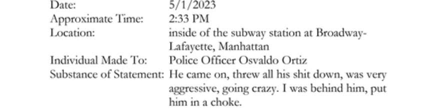 Daniel Penny's second statement to NYPD officers after the subway chokehold death of Jordan Neely.