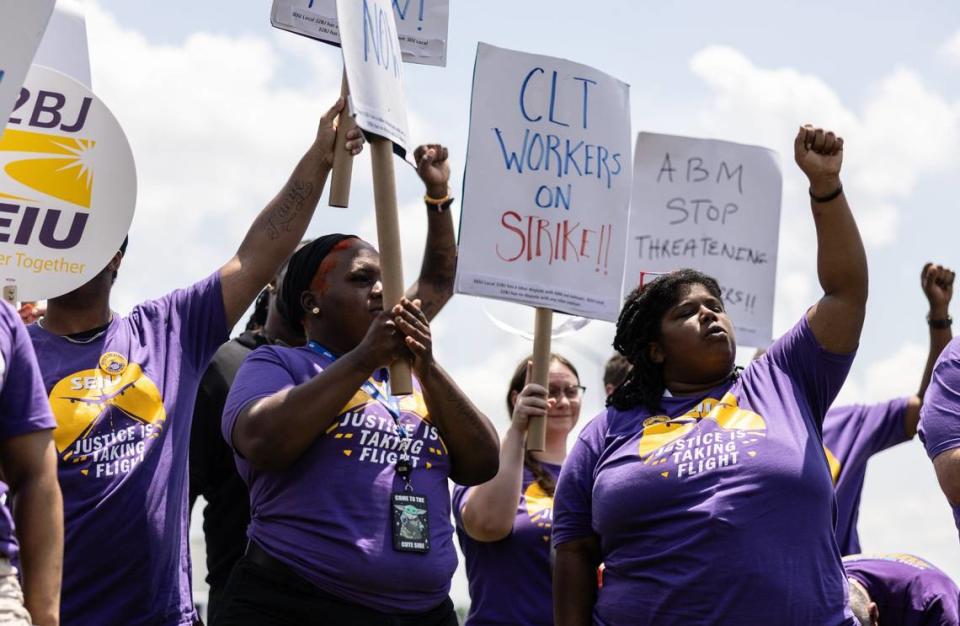 A rally outside of the Charlotte Douglas International Airport in Charlotte brought workers together during a busy Memorial Day weekend.