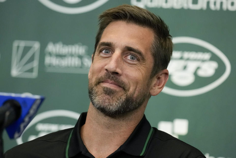 New York Jets quarterback Aaron Rodgers answers questions during an introductory NFL football press conference, Wednesday, April 26, 2023, in Florham Park, N.J. (AP Photo/Seth Wenig)