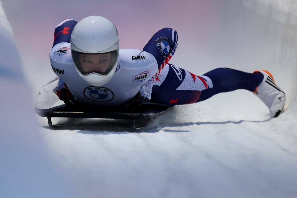 Kelly Curtis of USA competes in the Women's Skeleton during the BMW IBSF World Cup Bob & Skeleton 2021/22 at Veltins Eis-Arena on Dec. 10, 2021 in Winterberg, Germany.