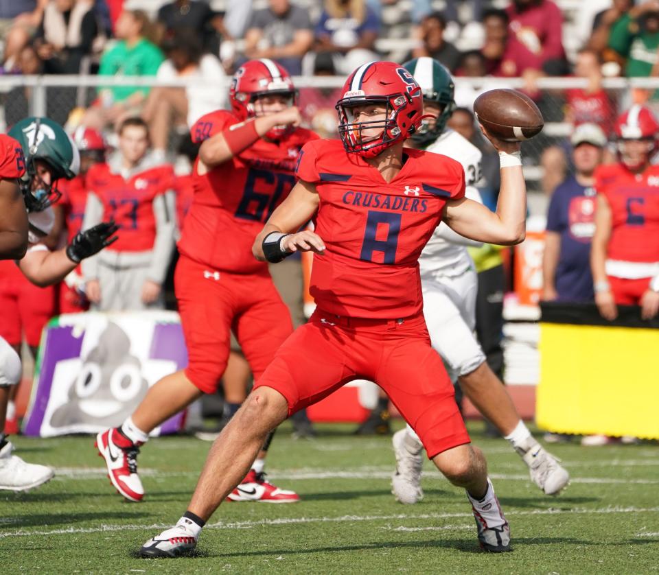 Stepinac quarterback Will Currid (8) fires a pass during their 34-21 win over DePaul Catholic (Wayne, N.J.) in football action at Archbishop Stepinac High School in White Plains on Saturday, September 16, 2023.