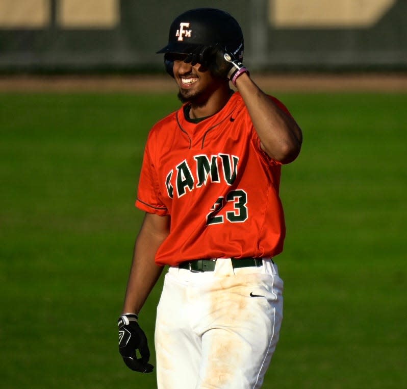 Florida A&M baseball outfielder Janmikell Bastardo (23) rejoices after a play against North Florida at Moore-Kittles Field in Tallahassee, Florida on Tuesday, Feb. 28, 2023