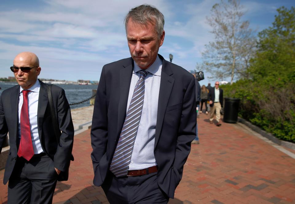 Jan Sartorio leaves federal court Wednesday, May 22, 2019, in Boston, where he pleaded guilty to charges in a nationwide college admissions bribery scandal. (AP Photo/Michael Dwyer)