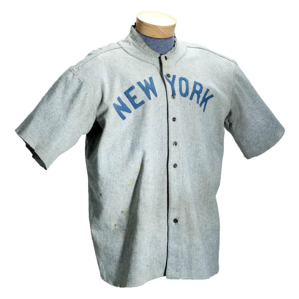 This undated photo provided by SCP Auctions shows a circa 1920 New York Yankees baseball jersey worn by Babe Ruth that sold for more than $4.4 million at auction, Sunday, May 20, 2012. SCP Auctions says the uniform top is the earliest known jersey worn by Ruth and set a record for any item of sports memorabilia. (AP Photo/SCP Auctions)