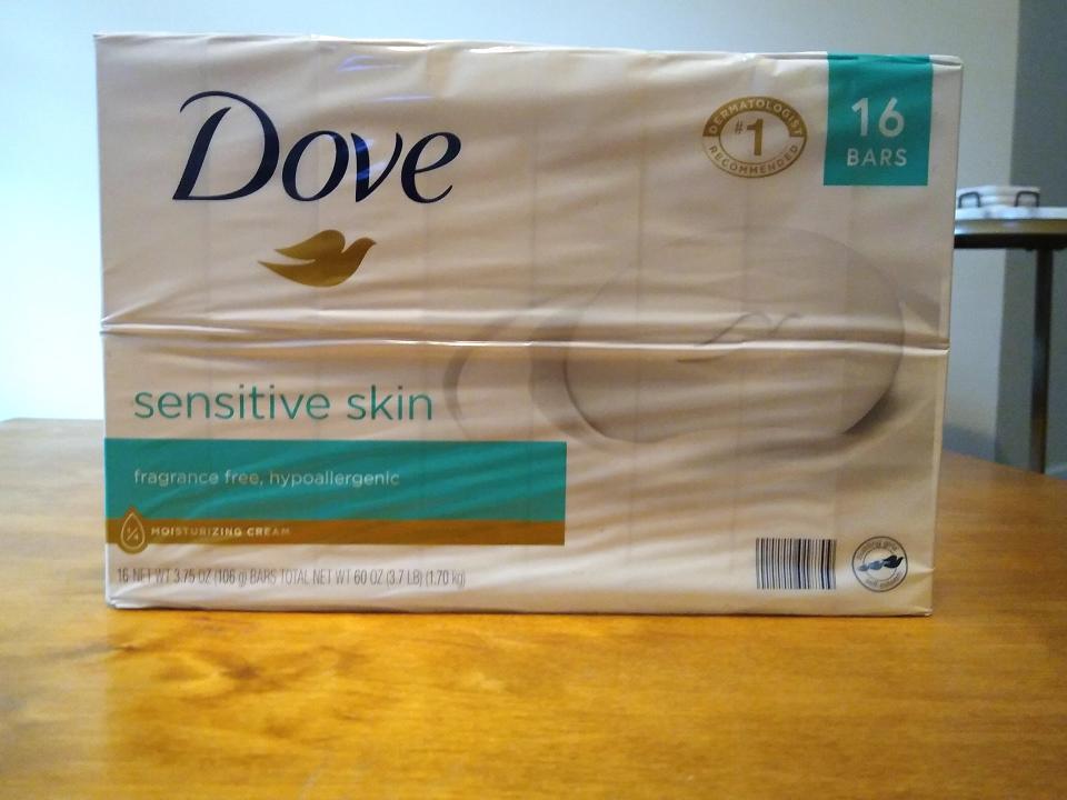 White and teal pack of dove bar soap from Costco