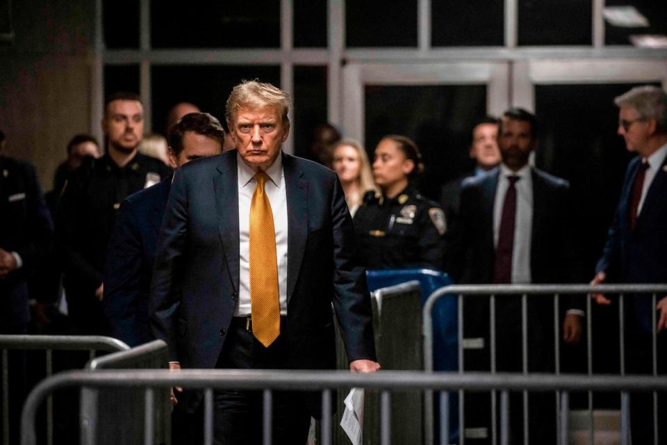 PHOTO:Former President and Republican presidential candidate Donald Trump arrives to speak to the press at the end of the day's proceedings in his criminal trial at Manhattan Criminal Court in New York, May 21, 2024.  (Dave Sanders/POOL/AFP via Getty Images)