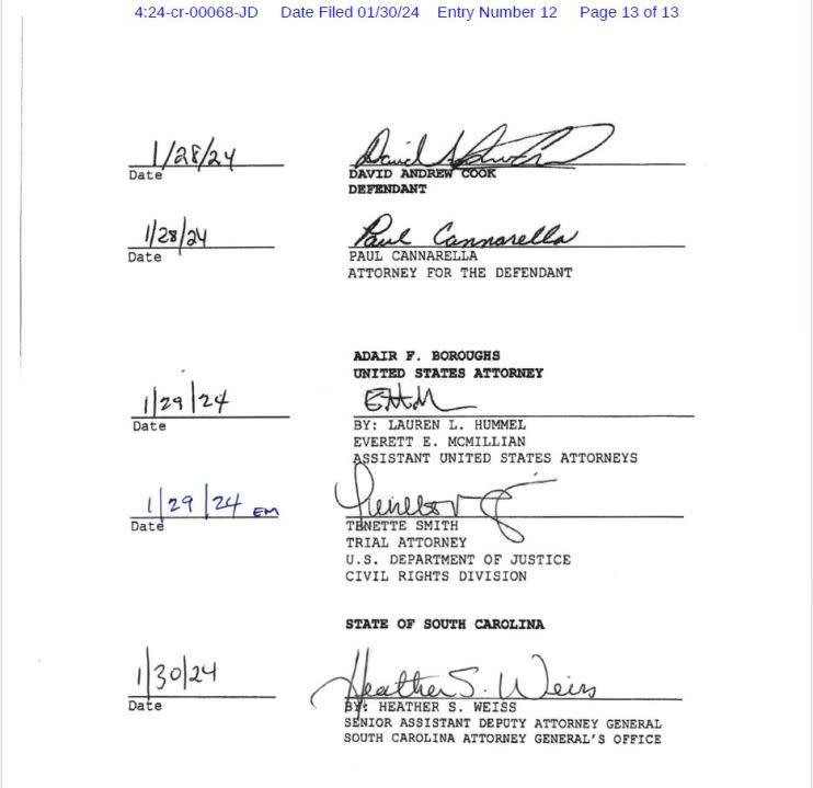 The signature page on Andrew Cook’s federal plea agreement shows both state and federal prosecutors, along with Andrew Cook and his attorney’s agreement to enter into the plea deal that would significantly reduce his potential federal prison sentence, as well as, dismiss his state-level charges. (Source: U.S. District Court of South Carolina)