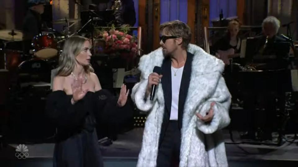 Gosling then belts out a Barbie-themed version of Swift’s “All Too Well” and even dons the mink coat he wore in the film. NBC / SNL