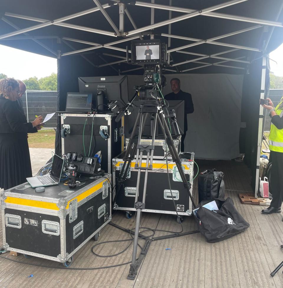 A recording booth where team of BSL interpreters will interpret Queen funeral at Hyde Park (Rachael Burford)