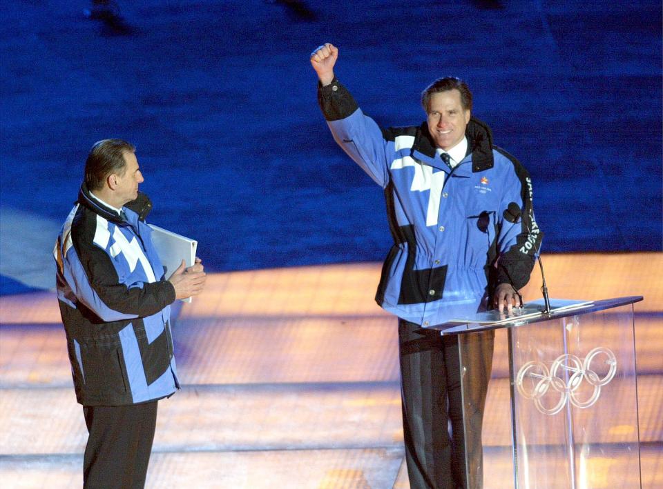 Mitt Romney speaks during the opening ceremonies of the Salt Lake 2002 Winter Olympic Games on Feb. 8, 2002.