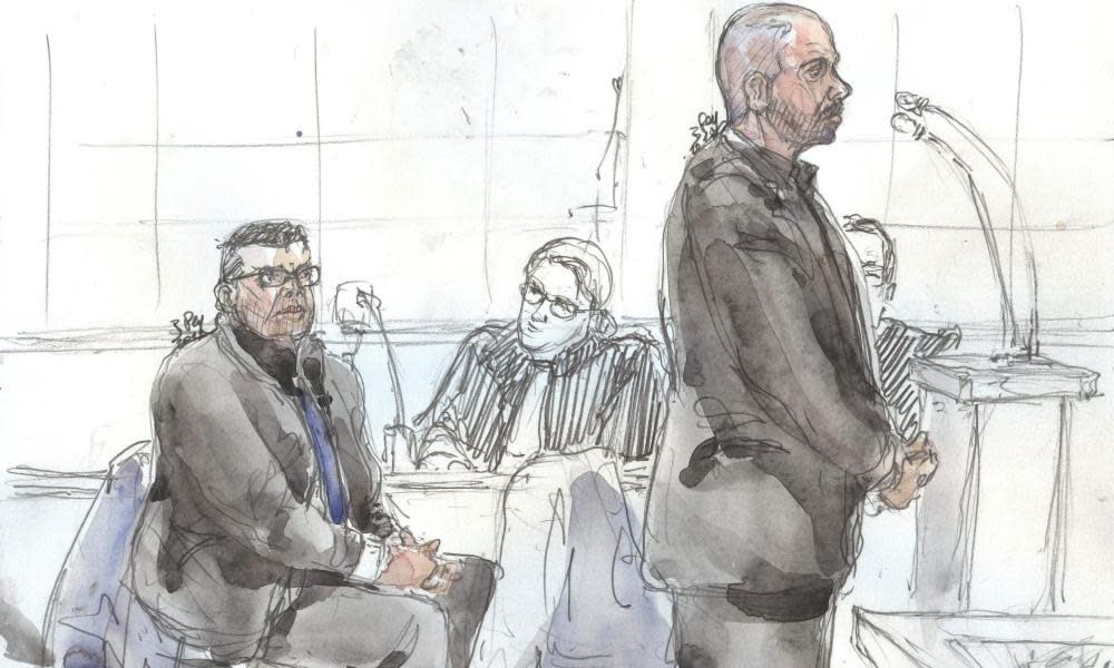 A court sketch of Antoine Q (L) and Nicolas R in the dock at the criminal court in Paris.