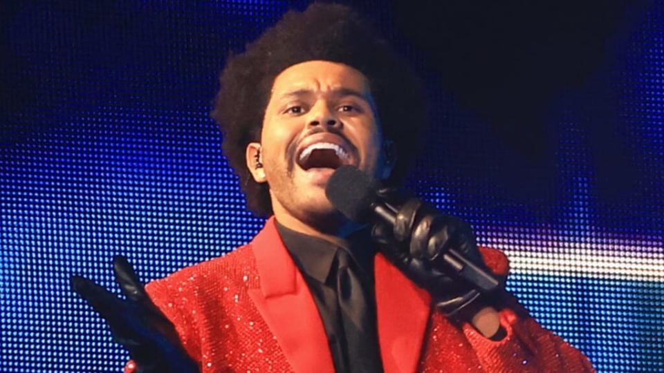 The Weeknd performs during the Pepsi Super Bowl LV halftime show at Raymond James Stadium Sunday in Tampa, Florida. (Photo by Mike Ehrmann/Getty Images)