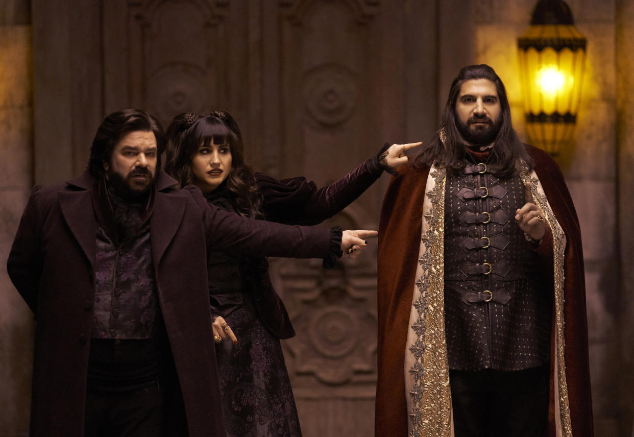 A still from the first season of What We Do In The Shadows - L-R: Matt Berry, Natasha Demetriou, Kayvan Novak. (BBC/FX)