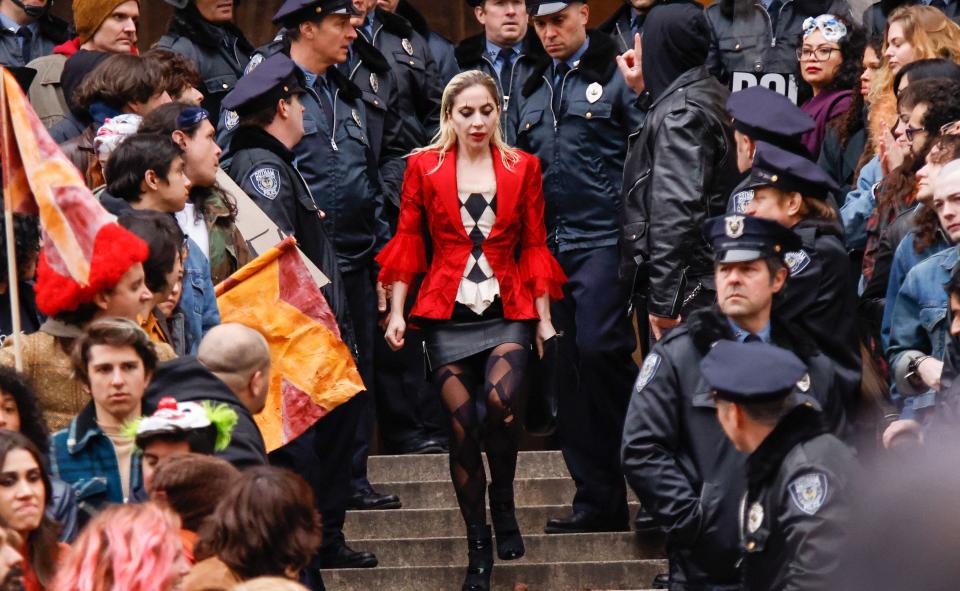 March 25, 2023: Lady Gaga performs during the shooting of the movie "Joker: Folie à Deux" in New York.