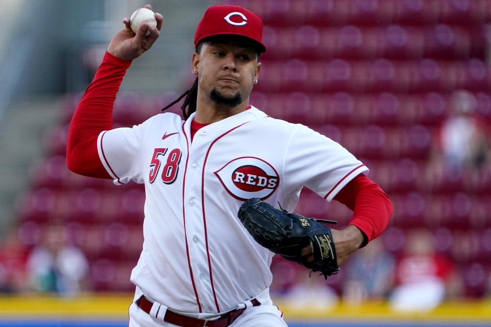 Cincinnati Reds starting pitcher Luis Castillo (58) delivers in the first inning of a baseball game against the Milwaukee Brewers, Monday, May 9, 2022, at Great American Ball Park in Cincinnati. 