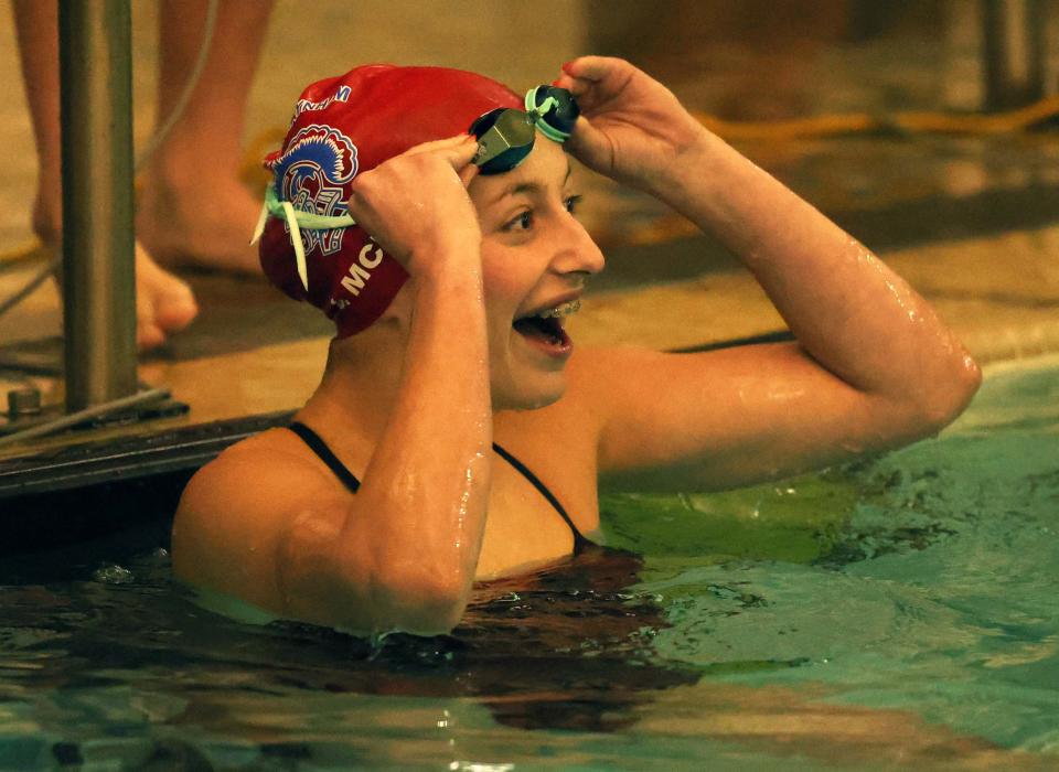 Bridgewater-Raynham's Jessie McNeil is all smiles after winning the 50 yard freestyle versus Brockton on Tuesday, Jan. 24, 2023.