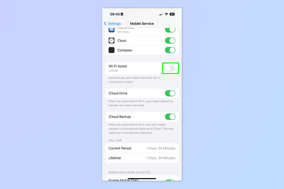 A screenshot showing how to disable Wi-Fi Assist on iPhone