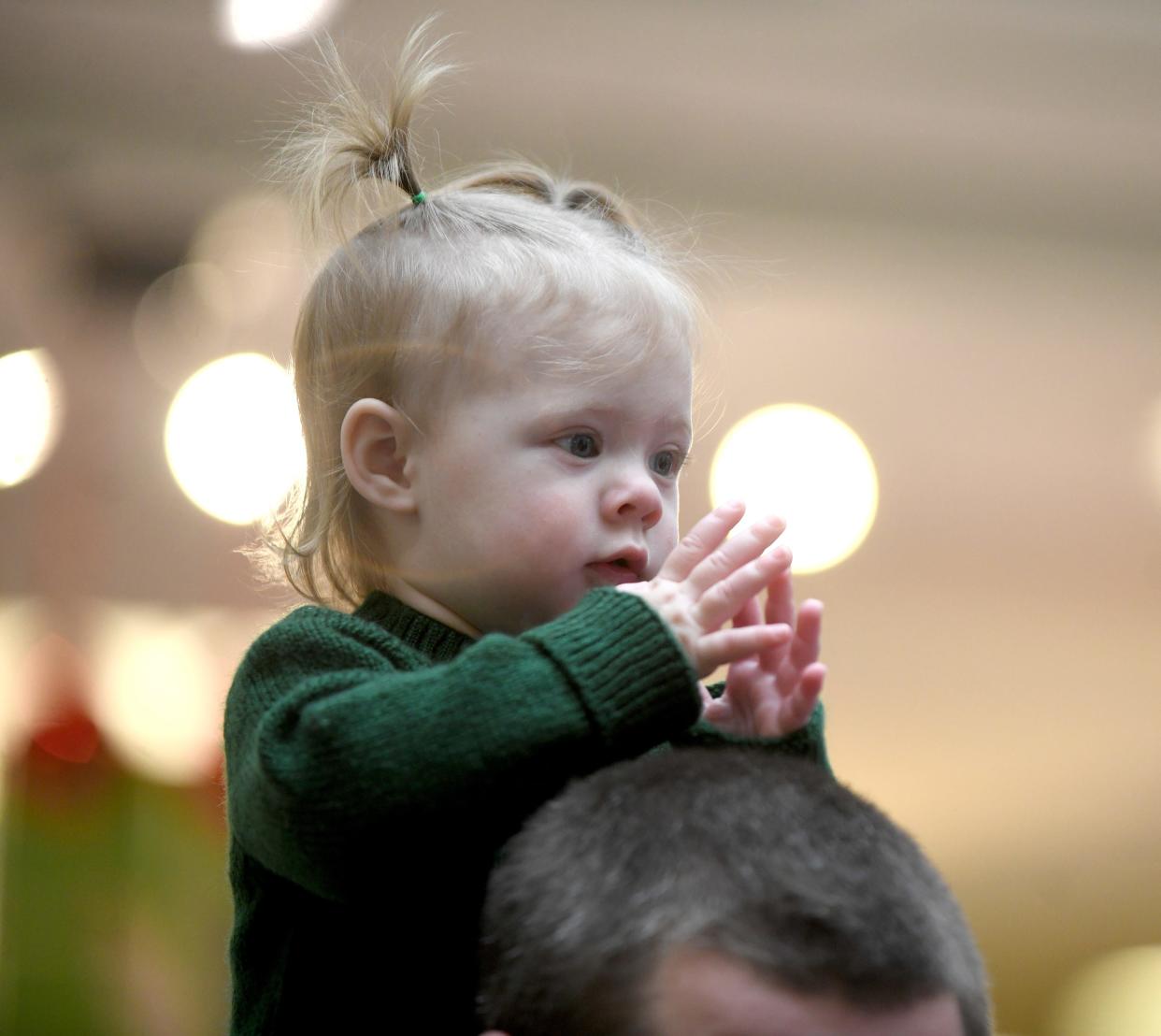 Ella Pendleton, 1, of Canton looks at the Christmas lights at Belden Village Mall during a visit to see Santa.