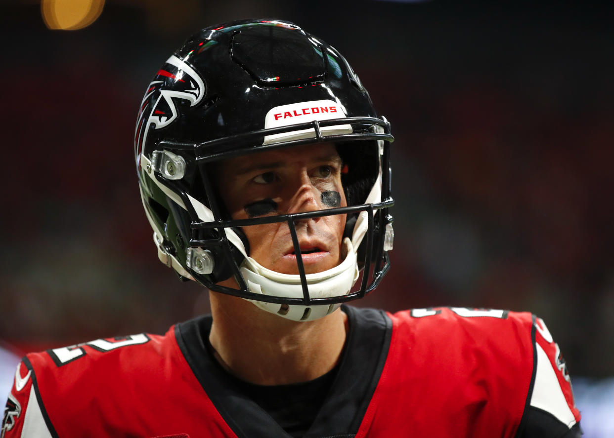 ATLANTA, GA - DECEMBER 22: Matt Ryan #2 of the Atlanta Falcons watches on in the second half of an NFL game against the Jacksonville Jaguars at Mercedes-Benz Stadium on December 22, 2019 in Atlanta, Georgia. (Photo by Todd Kirkland/Getty Images)