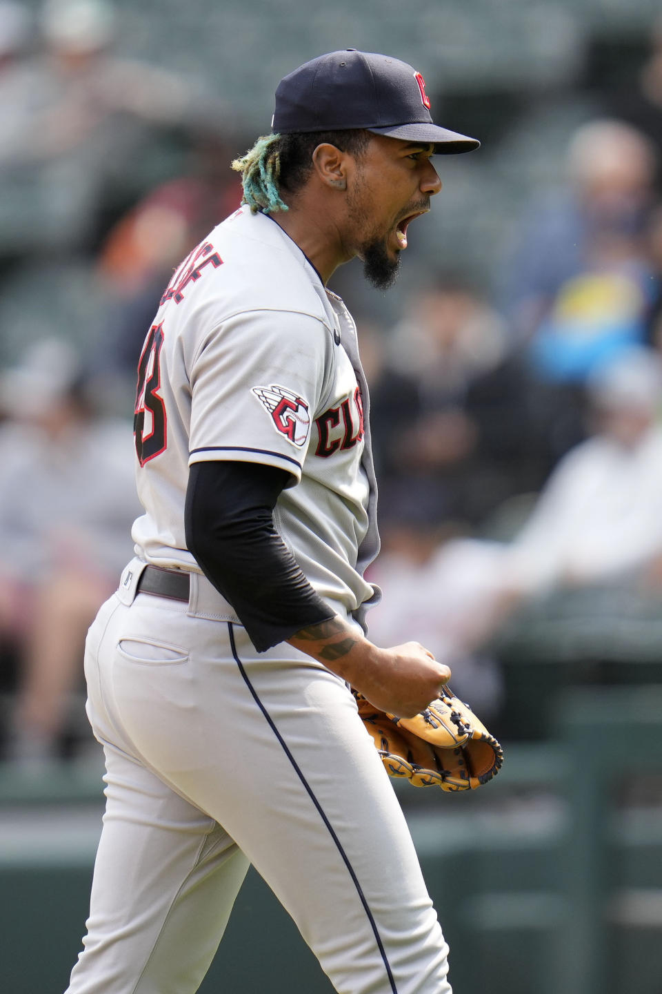Cleveland Guardians relief pitcher Emmanuel Clase reacts after striking out Chicago White Sox's Seby Zavala to end the game, Thursday, May 18, 2023, in Chicago. The Guardians won 3-1. (AP Photo/Erin Hooley)