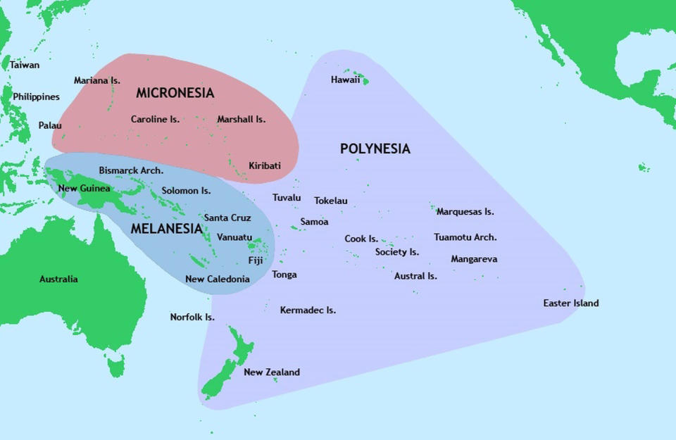 New evidence suggests the first inhabitants of the Pacific Islands came from Taiwan and the northern Philippines. Here, a map of the different culture zones present in the region <cite>Kahuroa, Wikimedia Commons/ Vaka Moana: Voyages of the Ancestors - the discovery and settlement of the Pacific, ed K.R. Howe, 2008, p57.</cite>