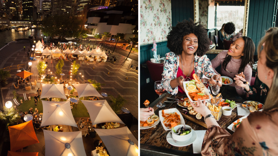 Circular Quay Sydney with pop up restaurants and festival. Women eating food at a restaurant.