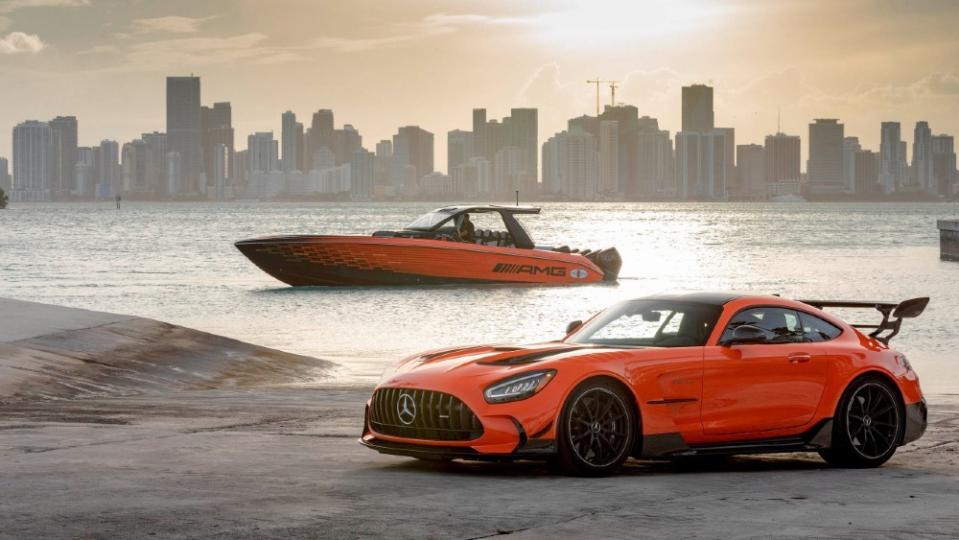 Mercedes-AMG has partnered with Cigarette Racing since 2007 for an annual pairing of its products. Above is this year’s 41 Blackhawk with a Mercedes-AMG Black Series. - Credit: Courtesy Cigarette Racing