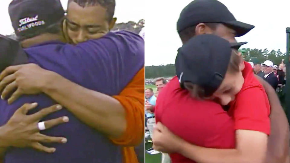 Tiger with dad Earl in 1997, and with son Charlie on Sunday. Image: The Masters