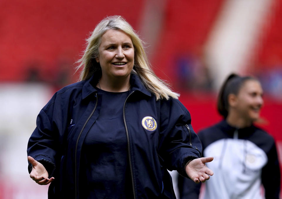 Chelsea manager Emma Hayes arrives ahead of the English Women's Super League soccer match between Manchester United and Chelsea at Old Trafford, in Manchester, England, Saturday May 18, 2024. (Martin Rickett/PA via AP)
