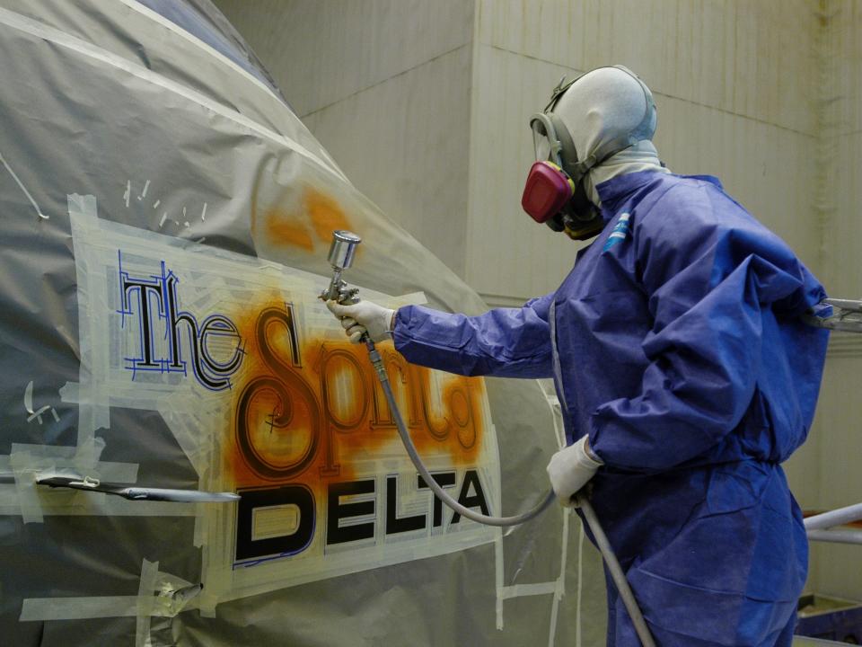 The Spirit of Delta 767 being repainted to its original livery.