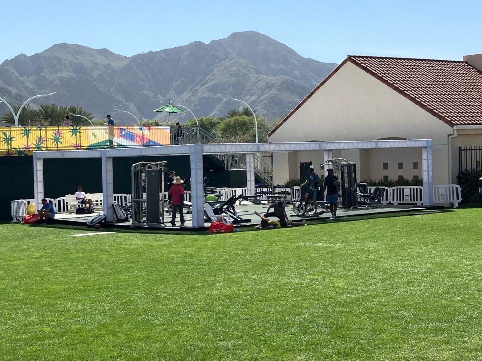 The players' lawn at the Indian Wells Tennis Garden has a new amenity this year. An outdoor gym with a shade structure is now located in the southwest corner of the grassy area where players work out, do yoga, play soccer and just generally socialize.